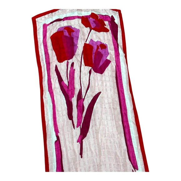 Artisan Tulip Print Silk Scarf Ann Klein Elegant Lightweight Silk Chiffon Oblong - Picture 4 of 6